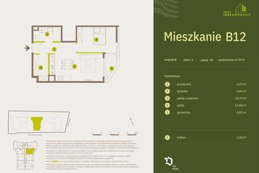 Rzut - Mieszkanie na sprzedaż 2 pokoje o powierzchni 47,39 m² - numer B12 w Osiedle Imbramowskie