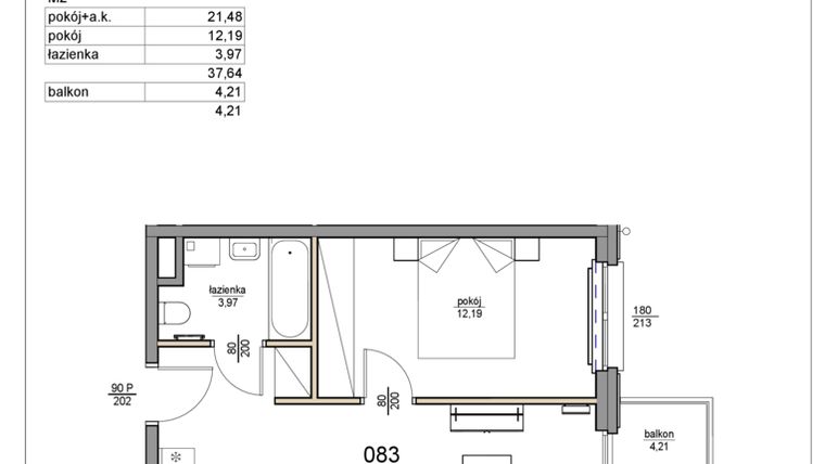 Rzut - Mieszkanie na sprzedaż 2 pokoje o powierzchni 37,64 m² - numer 83 w Rezydencja Liwska 3