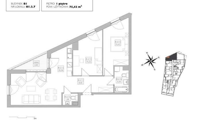 Rzut - Mieszkanie na sprzedaż 3 pokoje o powierzchni 75,42 m² - numer B1.2.7 w Alvarium 2.0