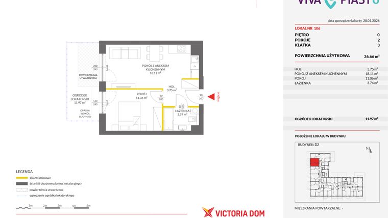 Rzut - Mieszkanie na sprzedaż 2 pokoje o powierzchni 36,71 m² - numer 106 w Viva Piast 6