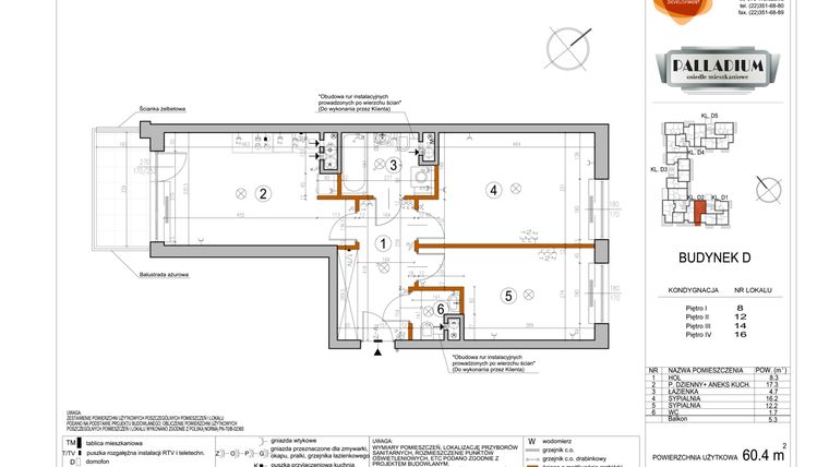 Rzut - Mieszkanie na sprzedaż 3 pokoje o powierzchni 60,4 m² - numer D.16 w Palladium