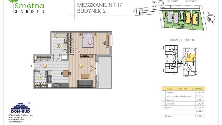 Rzut - Mieszkanie na sprzedaż 2 pokoje o powierzchni 54,42 m² - numer 17 w Smętna Garden