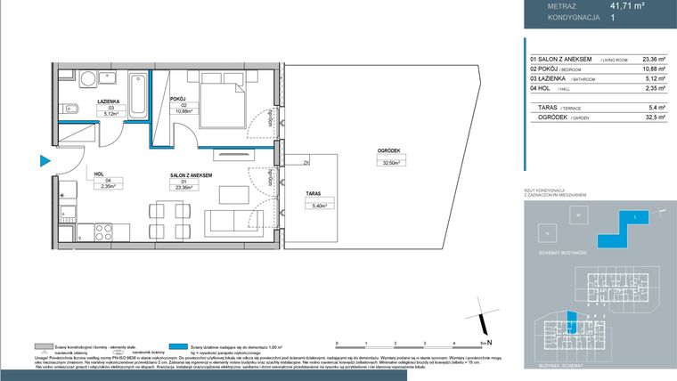 Rzut - Mieszkanie na sprzedaż 2 pokoje o powierzchni 41,71 m² - numer L1.1.09 w Nordic Bemowo - etap III