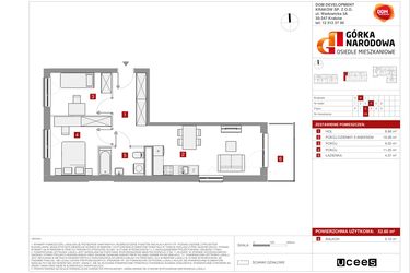 Rzut - Mieszkanie na sprzedaż 3 pokoje o powierzchni 52,6 m² - numer GN_4_1_H_24 w Osiedle Górka Narodowa