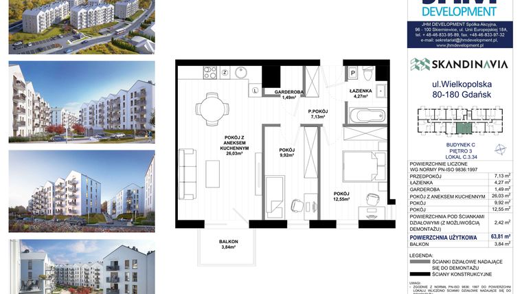 Rzut - Mieszkanie na sprzedaż 3 pokoje o powierzchni 63,81 m² - numer C.3.34 w Skandinavia