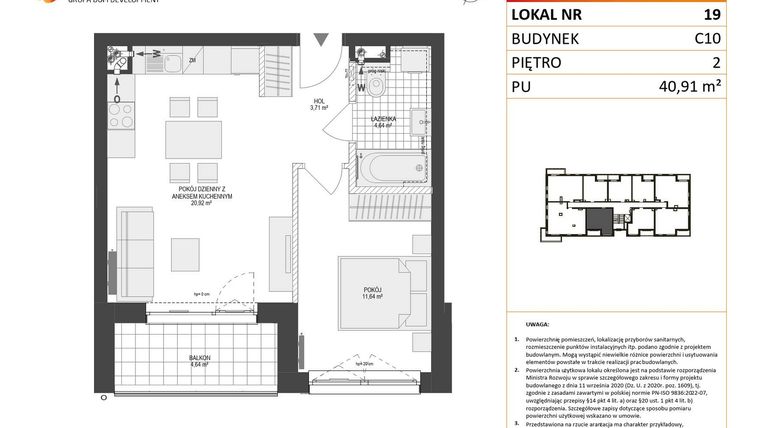 Rzut - Mieszkanie na sprzedaż 2 pokoje o powierzchni 40,91 m² - numer C10.19 w Konstelacja etap V