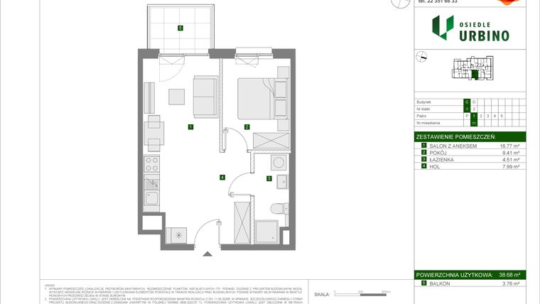 Rzut - Mieszkanie na sprzedaż 2 pokoje o powierzchni 38,68 m² - numer C11 w Osiedle Urbino etap 4.2