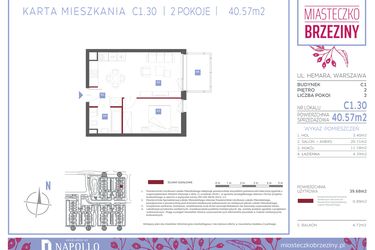 Rzut - Mieszkanie na sprzedaż 2 pokoje o powierzchni 40,57 m² - numer C1.30 w Miasteczko Brzeziny II