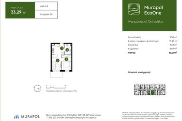 Rzut - Mieszkanie na sprzedaż 2 pokoje o powierzchni 33,29 m² - numer 2.A.2.13 w Murapol EcoOne