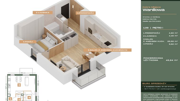 Rzut - Mieszkanie na sprzedaż 2 pokoje o powierzchni 45,84 m² - numer L.1-9 w Dobre Miejsce Waniliowa