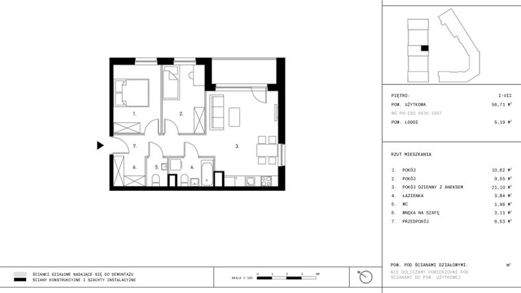 Rzut - Mieszkanie na sprzedaż 3 pokoje o powierzchni 56,71 m² - numer A7.P2 w Nocznickiego 29 bud. A