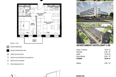 Rzut - Mieszkanie na sprzedaż 2 pokoje o powierzchni 38,49 m² - numer 1.09 w Apartamentowiec Zwycięska 3 - inwestycyjne