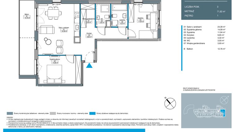 Rzut - Mieszkanie na sprzedaż 3 pokoje o powierzchni 71,82 m² - numer EA0102 w Talarowa Park II