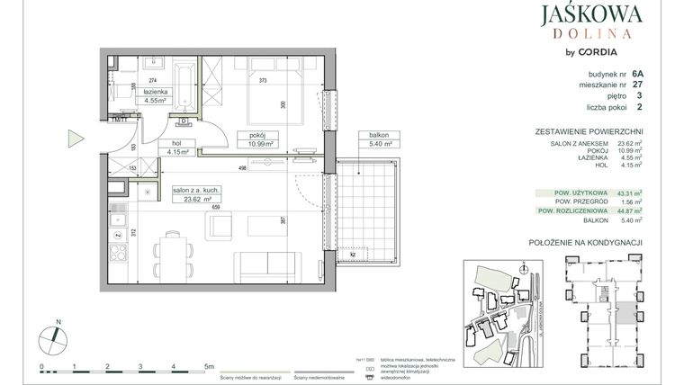 Rzut - Mieszkanie na sprzedaż 2 pokoje o powierzchni 44,87 m² - numer 6.A.27 w Villa Jaśkowa Dolina etap II