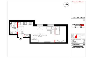 Rzut - Mieszkanie na sprzedaż 2 pokoje o powierzchni 45,6 m² - numer 2 w Czynu Społecznego 65F