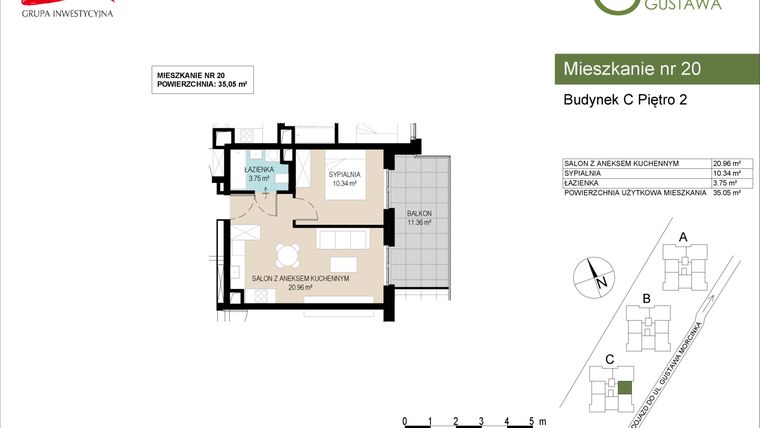 Rzut - Mieszkanie na sprzedaż 2 pokoje o powierzchni 35,05 m² - numer C20 w Wzgórze Gustawa