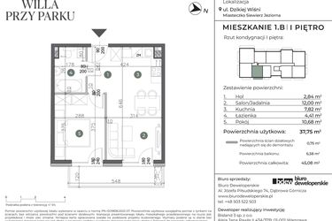 Rzut - Mieszkanie na sprzedaż 2 pokoje o powierzchni 37,75 m² - numer 1.B w Willa przy parku