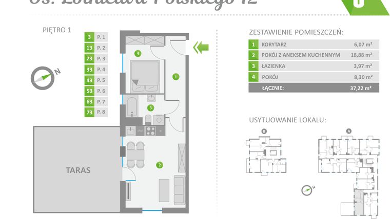 Rzut - Mieszkanie na sprzedaż 2 pokoje o powierzchni 37,22 m² - numer 3 w Os. Lotnictwa Polskiego 12