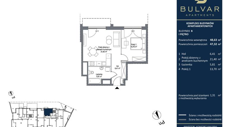 Rzut - Mieszkanie na sprzedaż 2 pokoje o powierzchni 47,32 m² - numer B.2.04 w Bulvar Apartments - etap II