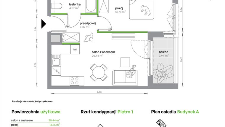 Rzut - Mieszkanie na sprzedaż 2 pokoje o powierzchni 43,08 m² - numer AA0106/4 w M Bemowo