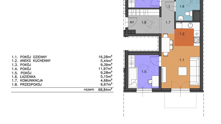Rzut - Mieszkanie na sprzedaż 4 pokoje o powierzchni 68,84 m² - numer 7.2/1 w 17-go Sierpnia