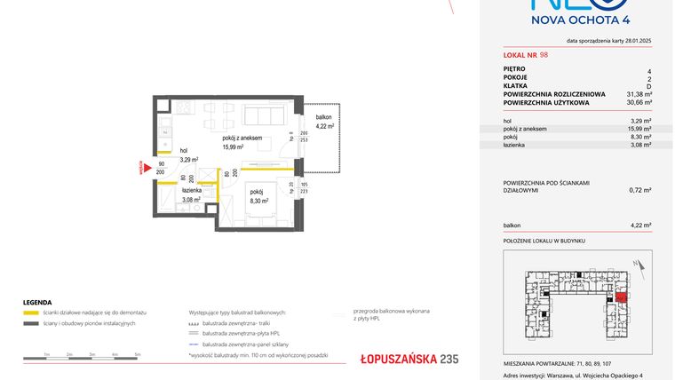 Rzut - Mieszkanie na sprzedaż 2 pokoje o powierzchni 31,38 m² - numer 98 w Neo Nova Ochota 4