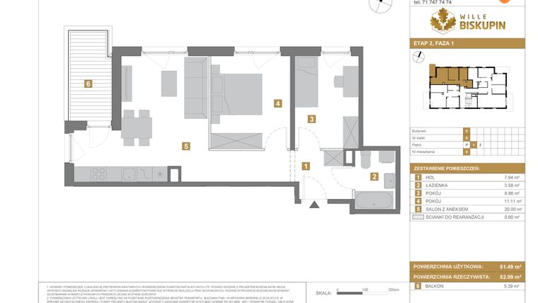 Rzut - Mieszkanie na sprzedaż 3 pokoje o powierzchni 51,49 m² - numer S5 w Wille Biskupin Etap 2.1