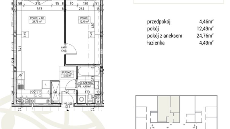 Rzut - Mieszkanie na sprzedaż 2 pokoje o powierzchni 46,2 m² - numer A3.02.18 w Zakątek Flora