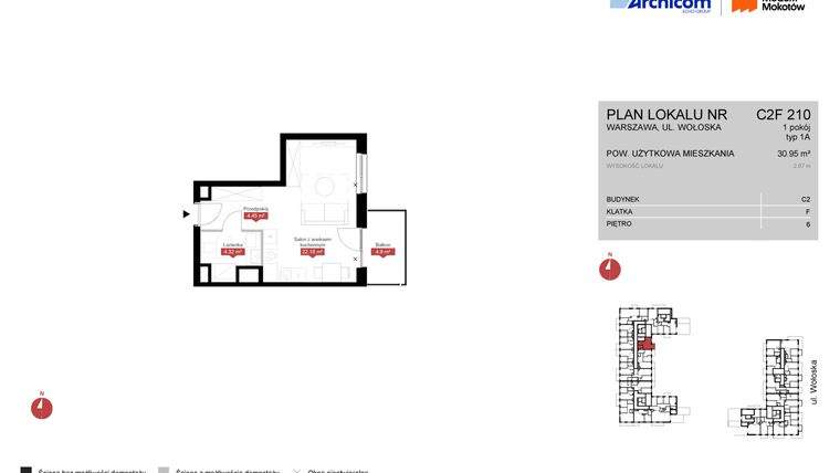 Rzut - Mieszkanie na sprzedaż 1 pokój o powierzchni 30,95 m² - numer C2F 210 w Modern Mokotów etap 3, budynek C1 i C2
