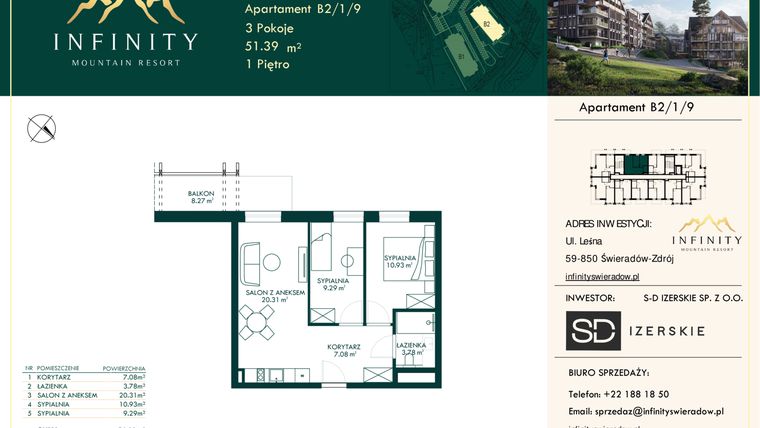Rzut - Mieszkanie na sprzedaż 3 pokoje o powierzchni 51,39 m² - numer B2.1.9 w Infinity Mountain Resort