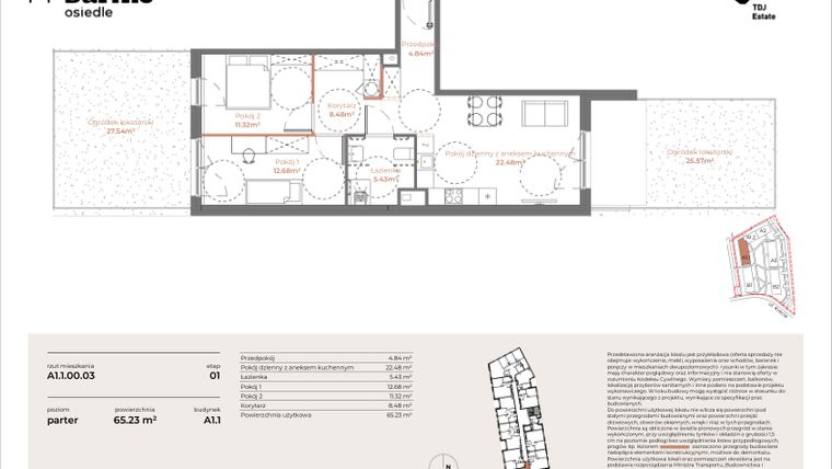 Rzut - Mieszkanie na sprzedaż 3 pokoje o powierzchni 65,23 m² - numer A1.1-00.03 w Sarnie Osiedle