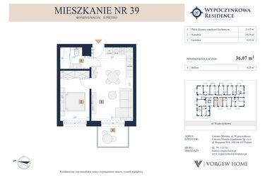 Rzut - Mieszkanie na sprzedaż 2 pokoje o powierzchni 36,07 m² - numer 39 w Wypoczynkowa Residence