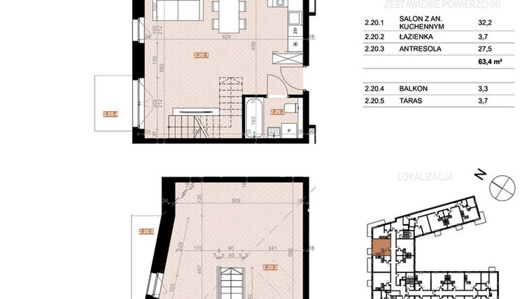 Rzut - Mieszkanie na sprzedaż 2 pokoje o powierzchni 63,4 m² - numer 220 w Szczecińska 20