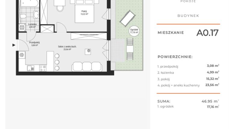 Rzut - Mieszkanie na sprzedaż 2 pokoje o powierzchni 46,94 m² - numer A0.17 w Enklawa Bukowa