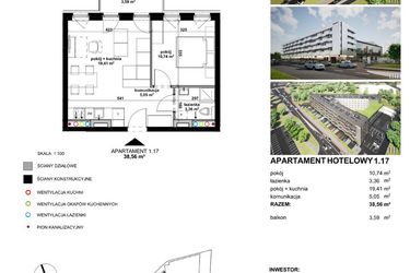 Rzut - Mieszkanie na sprzedaż 2 pokoje o powierzchni 38,66 m² - numer 117 w Apartamentowiec Zwycięska 3 - inwestycyjne