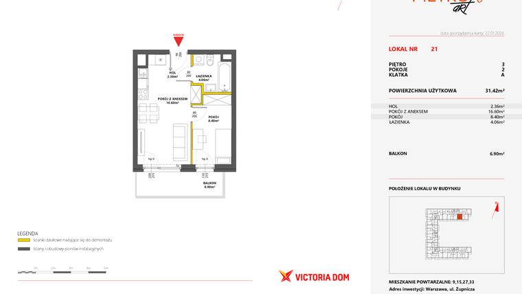 Rzut - Mieszkanie na sprzedaż 2 pokoje o powierzchni 31,42 m² - numer 21 w Metro Art 6