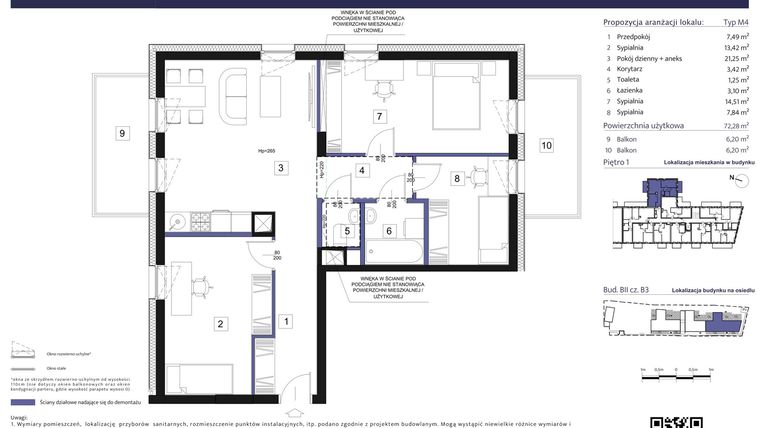 Rzut - Mieszkanie na sprzedaż 4 pokoje o powierzchni 72,74 m² - numer B3 – M1.8 w Primacasa