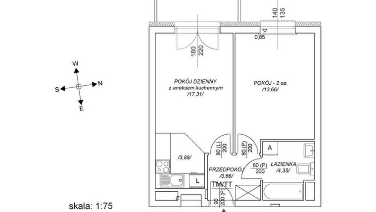 Rzut - Mieszkanie na sprzedaż 2 pokoje o powierzchni 38,98 m² - numer M55 w Osiedle Mała Dziesiąta etap II