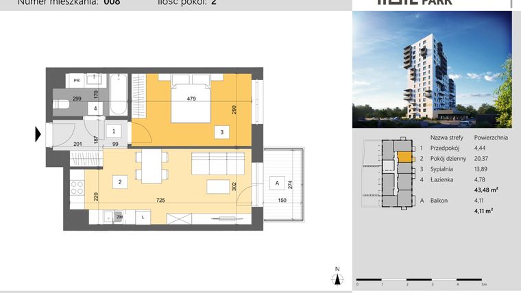 Rzut - Mieszkanie na sprzedaż 2 pokoje o powierzchni 43,48 m² - numer 8 w Dworzysko Park - Etap III