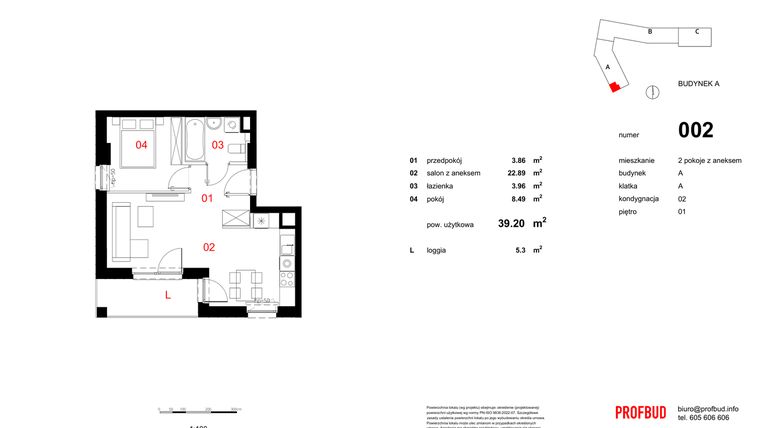 Rzut - Mieszkanie na sprzedaż 2 pokoje o powierzchni 39,2 m² - numer 002 w Osiedle Mocha Tower