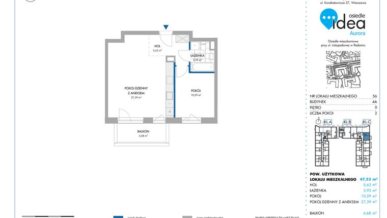 Rzut - Mieszkanie na sprzedaż 2 pokoje o powierzchni 47,5 m² - numer 4A/56 w Osiedle Idea Aurora
