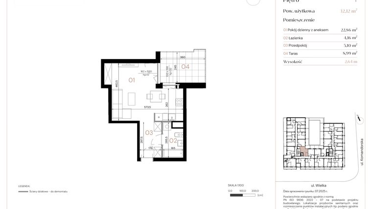 Rzut - Mieszkanie na sprzedaż 1 pokój o powierzchni 32,12 m² - numer A/1/01 w Wielka 16