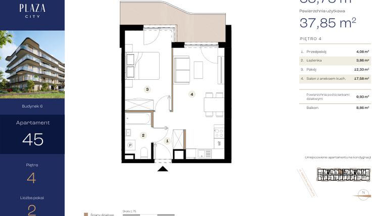 Rzut - Mieszkanie na sprzedaż 2 pokoje o powierzchni 38,78 m² - numer B6M45 w Plaza City