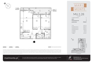 Rzut - Mieszkanie na sprzedaż 3 pokoje o powierzchni 74,1 m² - numer MU.1.28 w Marimonte - apartamenty inwestycyjne