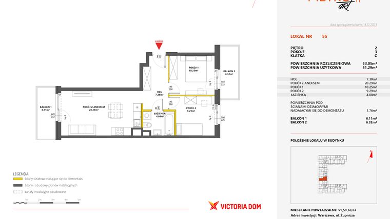 Rzut - Mieszkanie na sprzedaż 3 pokoje o powierzchni 53,05 m² - numer 55 w Metro Art 11