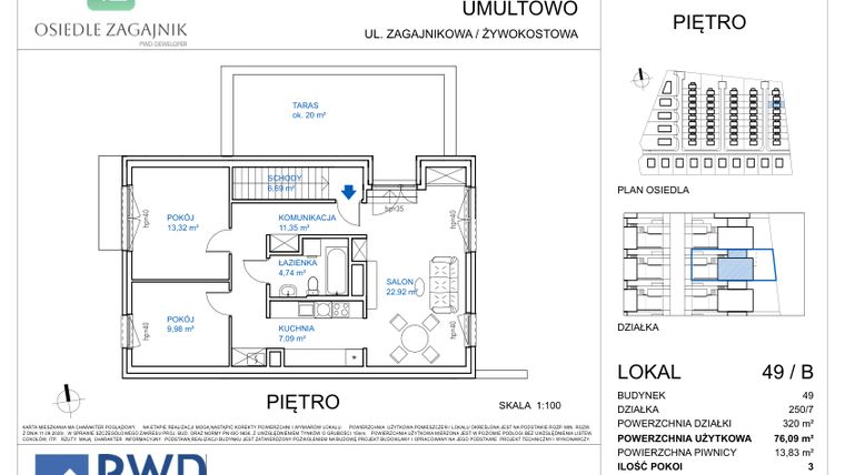 Rzut - Mieszkanie na sprzedaż 3 pokoje o powierzchni 76,09 m² - numer 49B w Osiedle Zagajnik - etap I