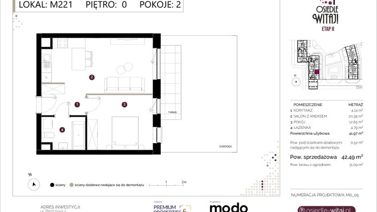 Rzut - Mieszkanie na sprzedaż 2 pokoje o powierzchni 42,49 m² - numer M221 w Osiedle Witaj etap II