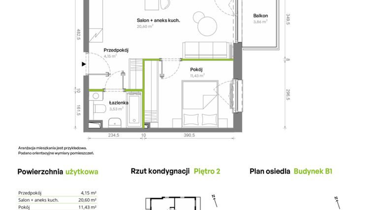 Rzut - Mieszkanie na sprzedaż 2 pokoje o powierzchni 39,71 m² - numer B1.02.25 w Południe Vita
