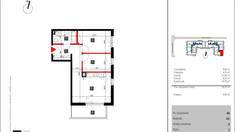 Rzut - Mieszkanie na sprzedaż 3 pokoje o powierzchni 52,27 m² - numer 45 w Mochtyńska 56
