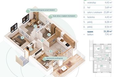 Rzut - Mieszkanie na sprzedaż 3 pokoje o powierzchni 51,3 m² - numer A.1.2 w Enklawa